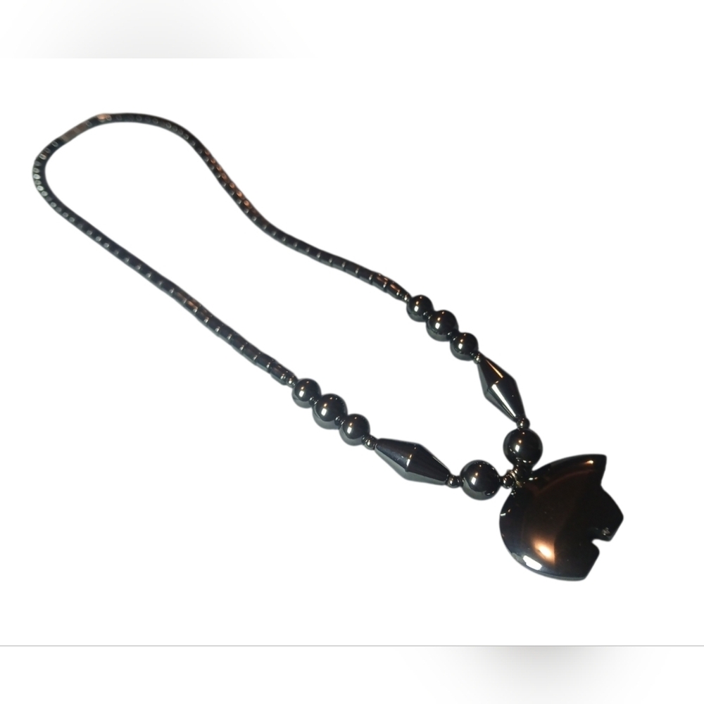 Black Beaded Hematite Bear Pendant Necklace With Screw Together Closure